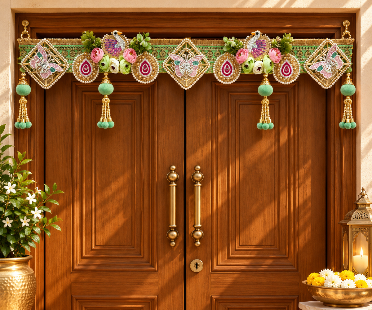 Pastel Green Peacock & Floral Bandhanwar – Handcrafted Door Toran