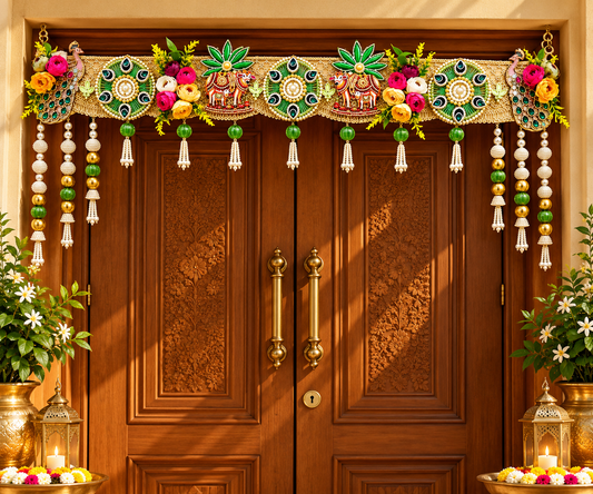 Pichwai Kamdhenu Cow & Peacock Bandhanwar – Handcrafted Traditional Toran