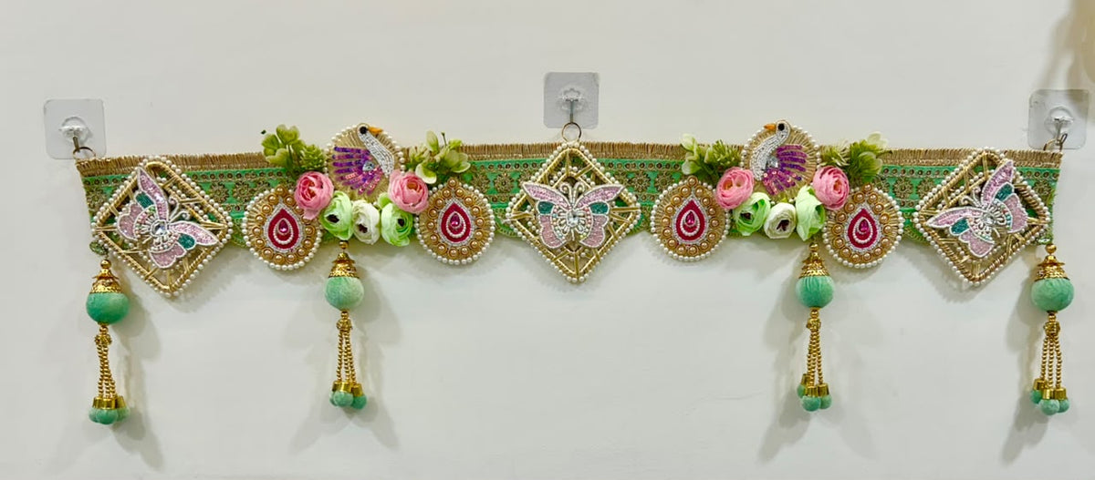 Pastel Green Peacock & Floral Bandhanwar – Handcrafted Door Toran