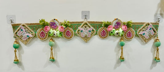 Pastel Green Peacock & Floral Bandhanwar – Handcrafted Door Toran